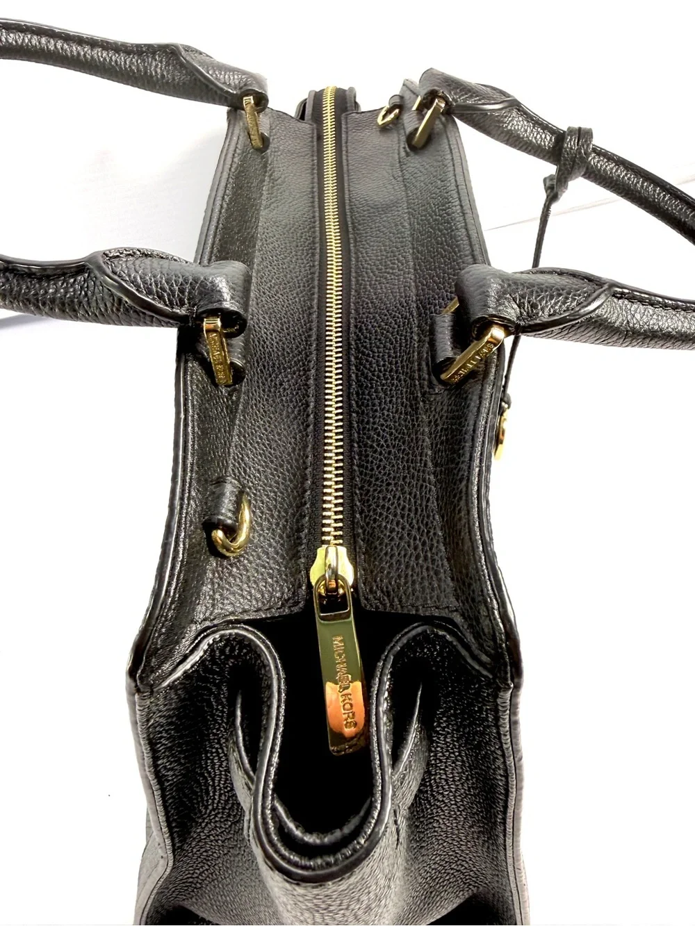 Michael Kors Black Pebbled Leather Satchel with Gold Accents